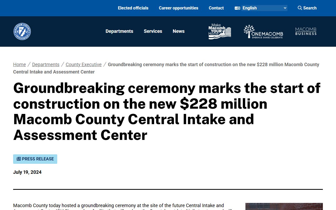 Macomb County inmate population CIAC construction release