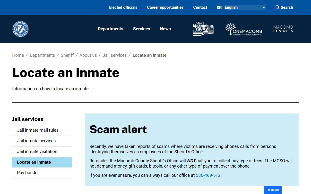 Macomb County inmate population JailTracker locator page