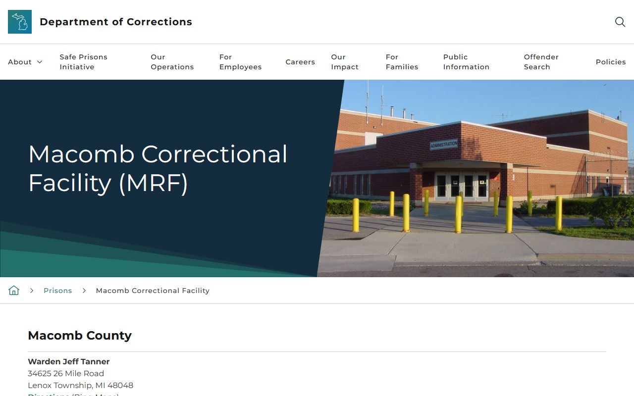 MDOC Macomb Correctional Facility page with address, capacity, and program details