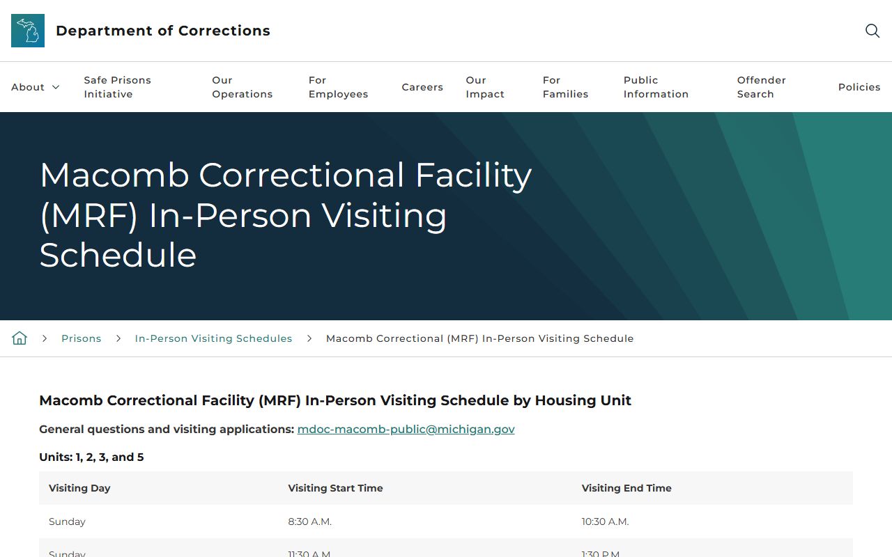 MDOC Macomb Correctional Facility visiting schedule by housing unit